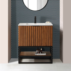 Terra 30" Bathroom Vanity, Walnut and Matte Black with White Granite top/Carrara Marble top