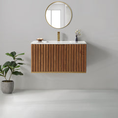 Terra 36" Wallmount Bathroom Vanity, Walnut and Satin Brass with White Granite/Carrara Marble top