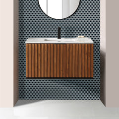 Terra 36" Wallmount Bathroom Vanity, Walnut and Matte Black with White Granite/Carrara Marble top