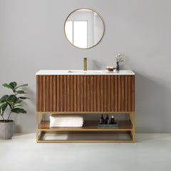 Terra 48" Bathroom Vanity, Walnut and Satin Brass with White Granite top/Carrara Marble top