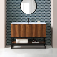 Terra 48" Bathroom Vanity, Walnut and Matte Black with White Granite top/Carrara Marble top