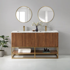 Terra 60" Bathroom Vanity, Walnut and Satin Brass with White Granite top/Carrara Marble top