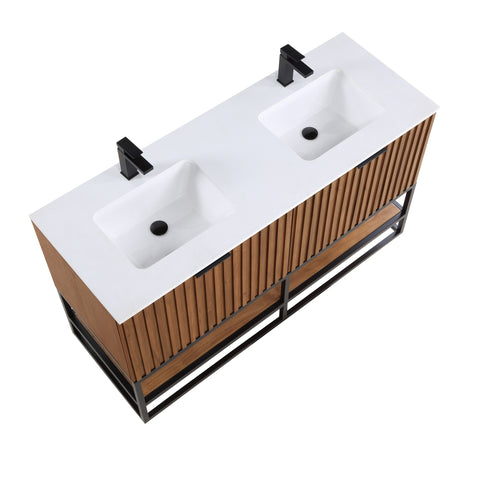 Terra 60" Bathroom Vanity, Walnut and Matte Black with White Granite top/Carrara Marble top